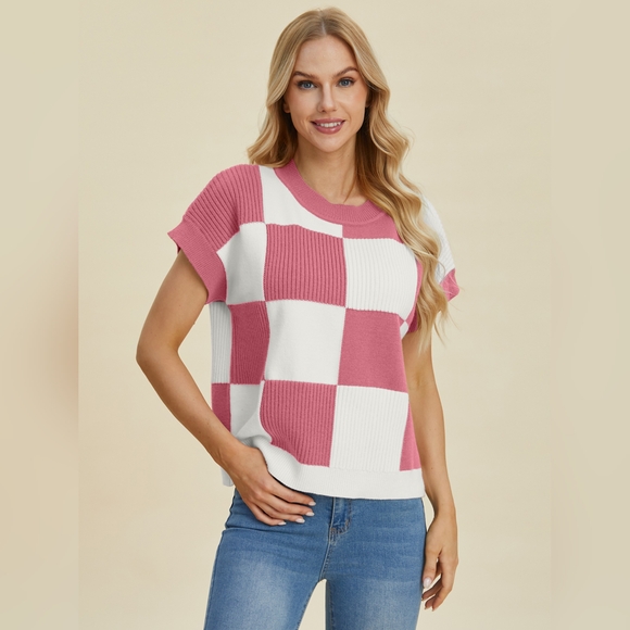 Double Take Full Size Checkered Round Neck Short Sleeve Sweater - Picture 1 of 7